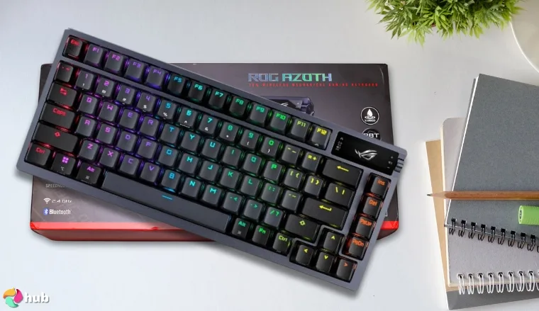 ASUS ROG Azoth 75% Gaming Keyboard on a white office desk arranged for a review