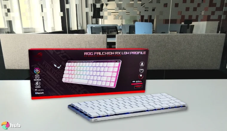 ASUS ROG Falchion RX Gaming Keyboard on a white office desk with soft lighting for a review