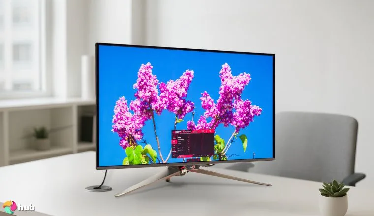 ASUS ROG Swift 32” 4K Gaming Monitor on a white office desk photographed for a review