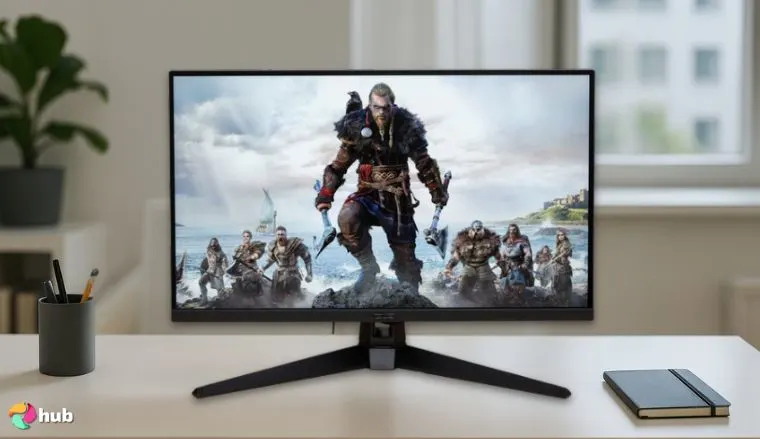ASUS TUF 27” Gaming Monitor on a white office desk in close-up for a review