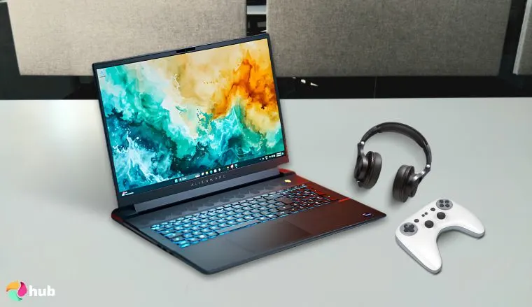 Alienware M18 R2 Laptop on a white office desk in a top-down view for a review