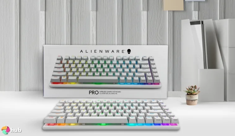 Alienware Pro Gaming Keyboard on a white office desk prepared for product photography