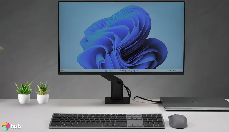 Dell Mounting Arm for Monitor on a white office desk styled neatly for a review