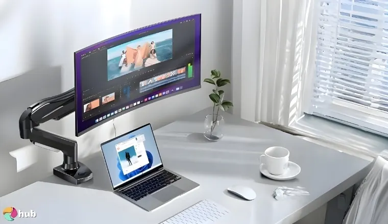 HUANUO 13 to 32 inch Gas Monitor Arm on a white office desk in a well-lit setting for a review
