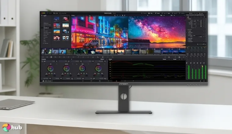 INNOCN 40 Inch 5K 5120 x 2160p Ultrawide Monitor on a white office desk with soft lighting for a review