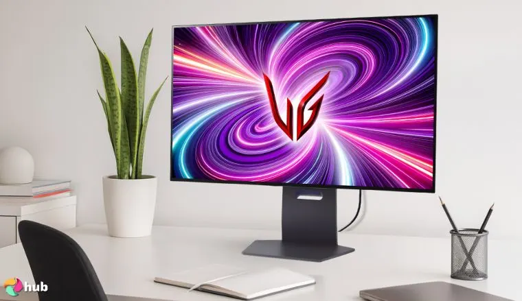 LG UltraGear 32GS95UV 32” OLED Gaming Monitor on a white office desk with balanced composition for a review