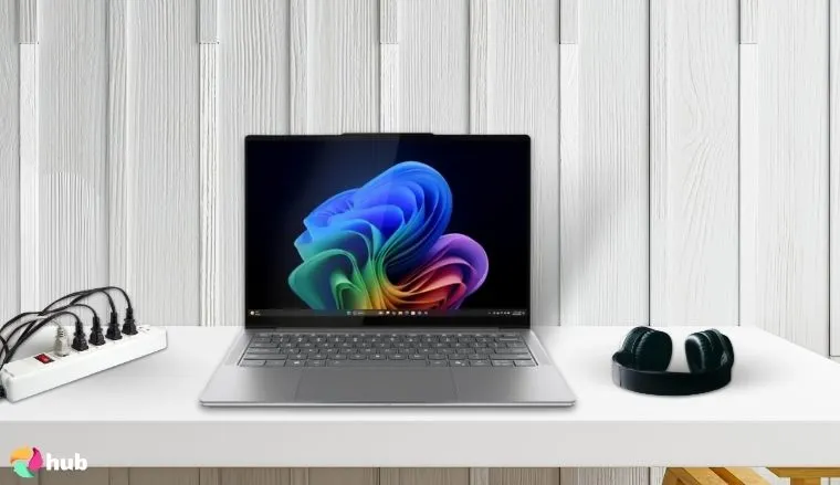 Lenovo Slim 7i Aura Edition Laptop on a white office desk prepared for testing shots