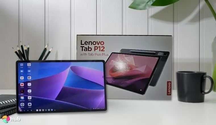 Lenovo Tab P12 Tablet on a white office desk styled for promotional review