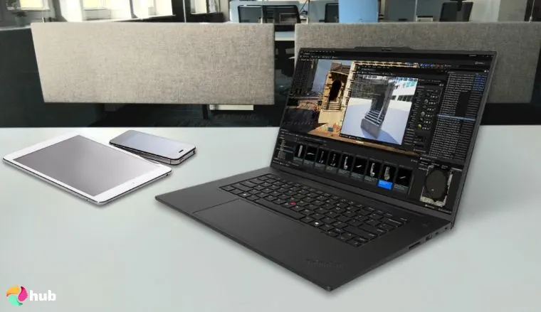 Lenovo ThinkPad P1 Gen 7 Laptop on a white office desk with soft lighting for a review