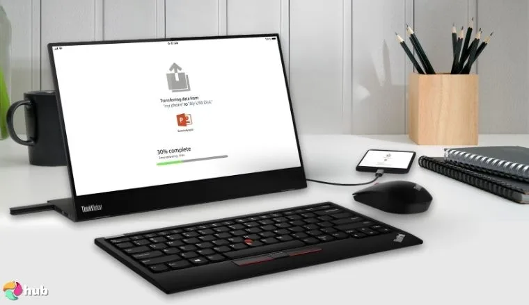 Lenovo ThinkVision M14t Gen 2 Portable Gaming Monitor on a white office desk styled neatly for a review