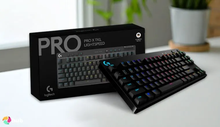 Logitech G PRO X TKL Gaming Keyboard on a white office desk prepared for testing shots