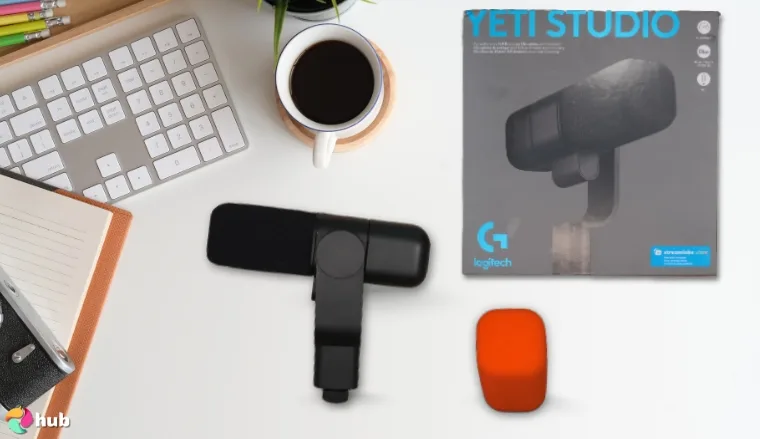Logitech G Yeti Studio Active Dynamic Microphone on a white office desk with balanced composition for a review