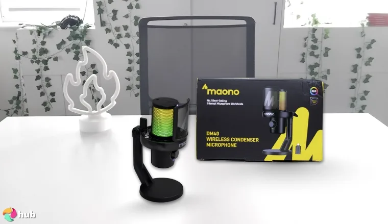 MAONO DM40 Microphone on a white office desk styled for promotional review