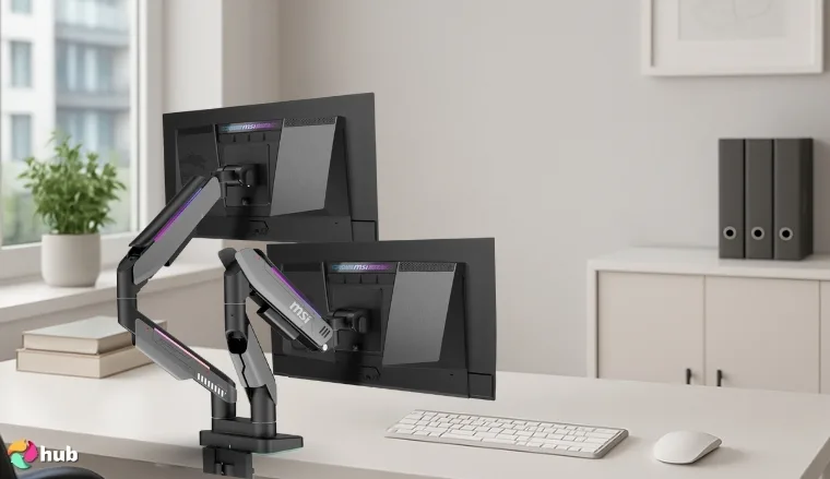MSI MPG MT201DR V2-Premium RGB Dual Monitor Stand Arms on a white office desk with minimal decor for a review