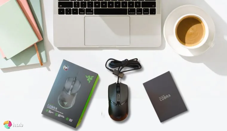 Razer Cobra Mouse on a white office desk with simple styling for a review