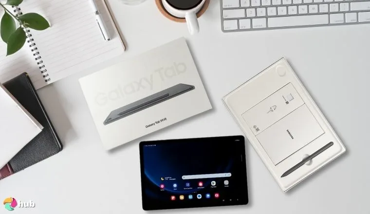 SAMSUNG Galaxy Tab S9 11” Tablet on a white office desk prepared for testing shots