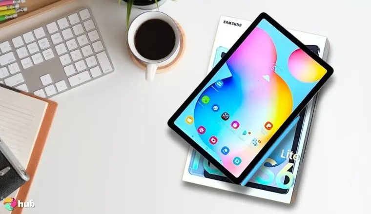 Samsung Galaxy Tab S6 Lite Tablet on a white office desk in a top-down view for a review