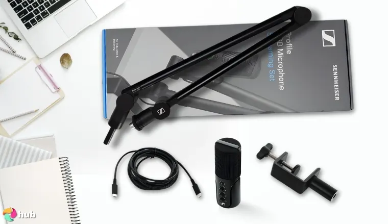 Sennheiser Profile Streaming Set on a white office desk positioned for photography