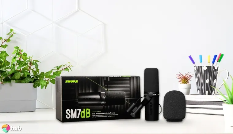 Shure SM7dB Microphone on a white office desk with neat arrangement for a review
