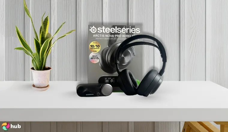 SteelSeries Arctis Nova Pro Headset Microphone on a white office desk with simple styling for a review