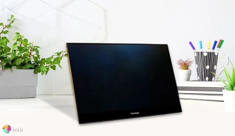 ViewSonic VX1655-4K-OLED Portable Gaming on a white office desk with an uncluttered background for a review