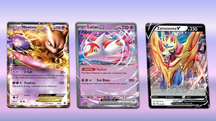Mewtwo Ex (Pokémon-EX), Zamazenta V (Black & White), and Latias ex (Scarlet & Violet) on a pink and purple gradient.