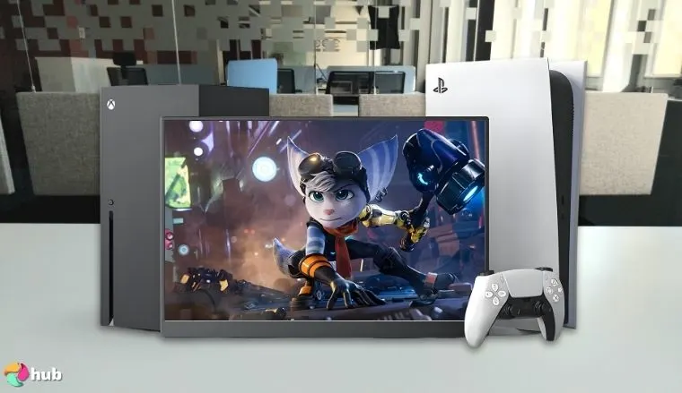 cocopar US-182K Portable Gaming Monitor on a white office desk in a top-down view for a review