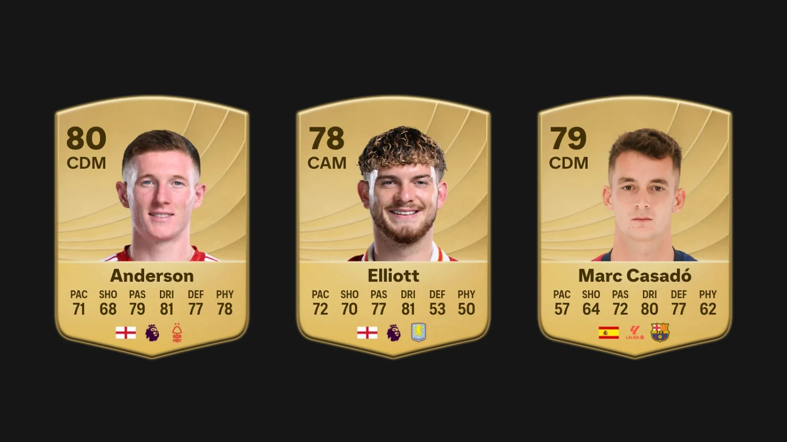 EA FC 26 player cards for Elliot Anderson, Harvey Elliott, and Marc Casadó