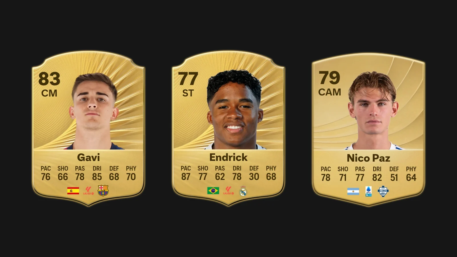 EAFC 26 portraits of Gavi, Endrick, and Nico Paz