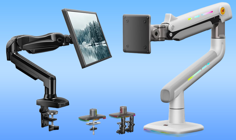 Hanuo 13 to 32 inch and nb ergonomic 32 to 60 inch monitor arms on a blue background