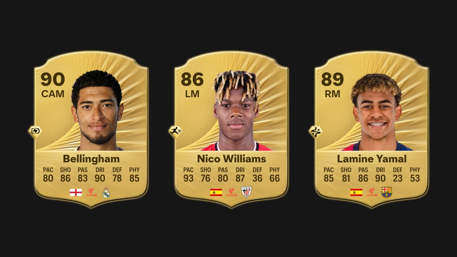 EA FC 26 player cards for Jude Bellingham, Nico Williams, and Lamine Yamal