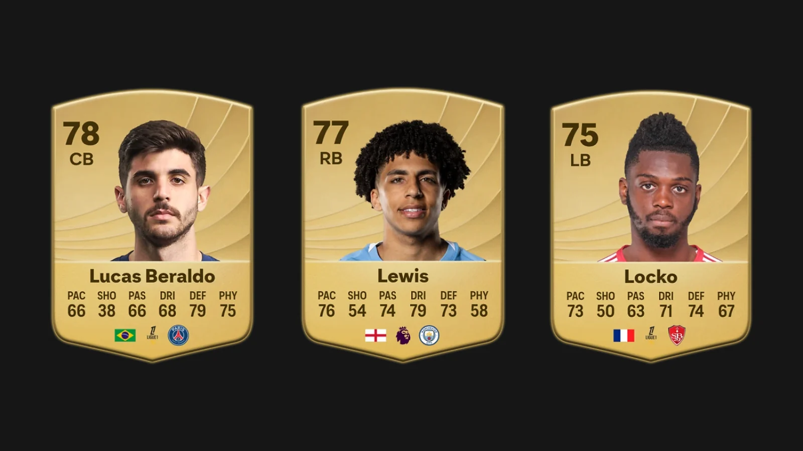 EA FC 26 best young defenders player cards for Lucas Beraldo, Rico Lewis, and Bradley Locko.