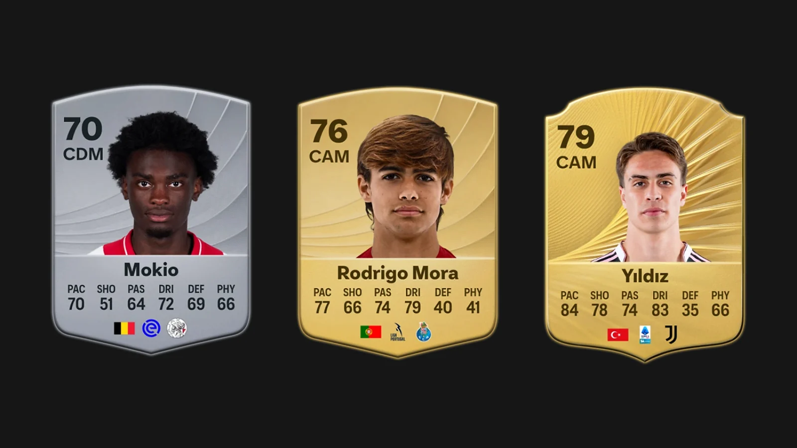 EAFC 26 portraits of Mokio, Rodrigo Mora, and Yıldız