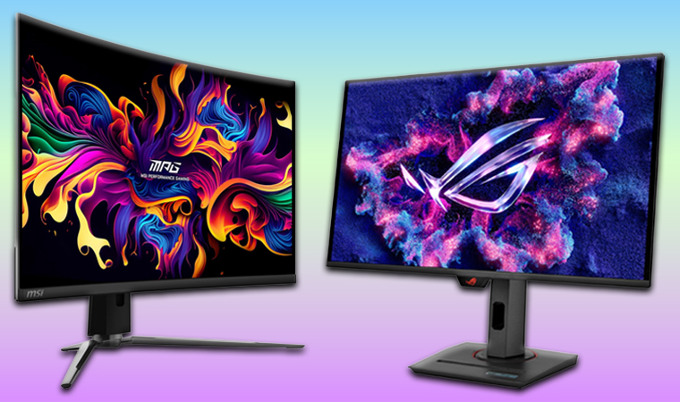 Msi Mpg 321curx 32-inch and Asus Rog Strix 26 point 5 inch oled monitors on a purple, green and blue background.