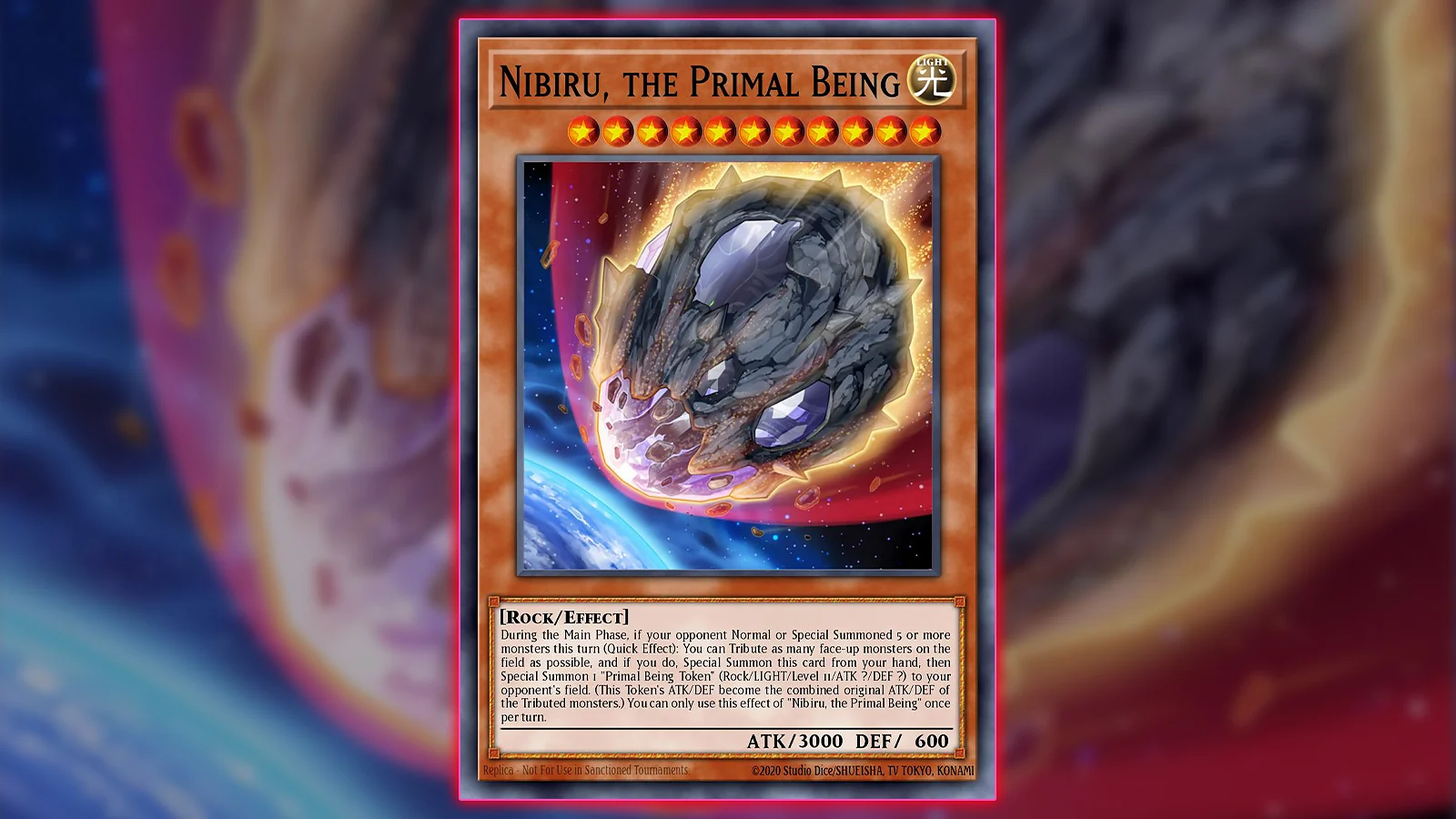 Yu-Gi-Oh! Card - Nibiru, the Primal Being, a Level 11 Light Rock monster depicted as a massive meteor.
