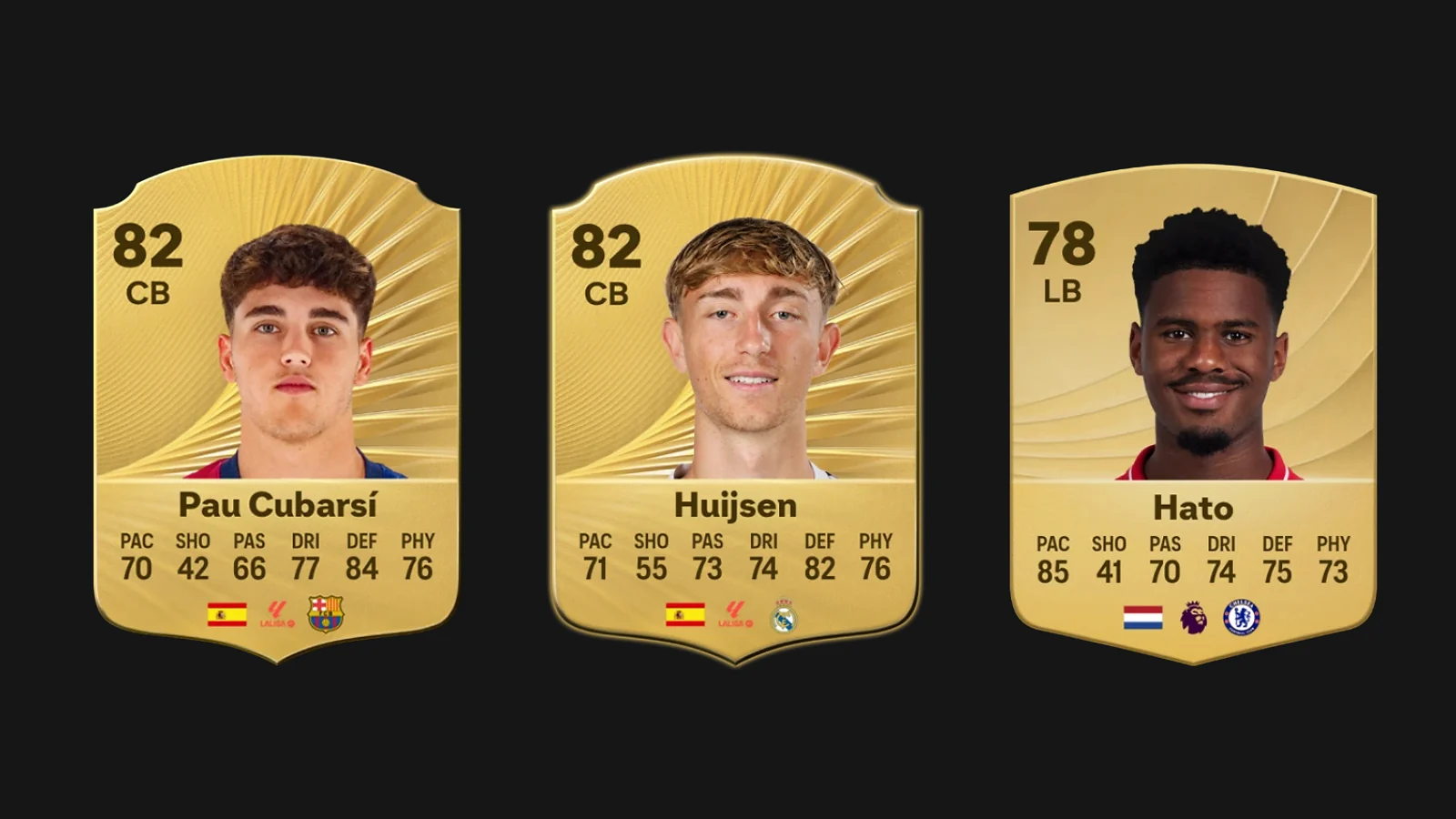 EA FC 26 best young defenders player cards for Pau Cubarsi, Dean Huijsen, and Jorrel Hato.