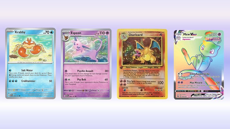Common, Uncommon, Rare, and Rainbow Rare cards on a purple-pink gradient: Krabby, Espeon, Charizard, and Mew VMAX.