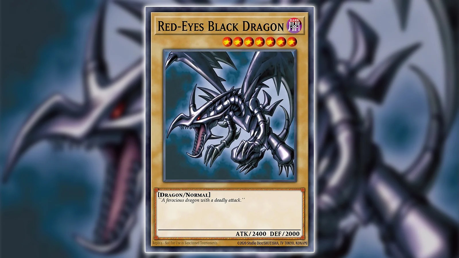 Yu-Gi-Oh! Card - Red-Eyes Black Dragon, the classic Level 7 Dark Dragon monster with a ferocious pose.