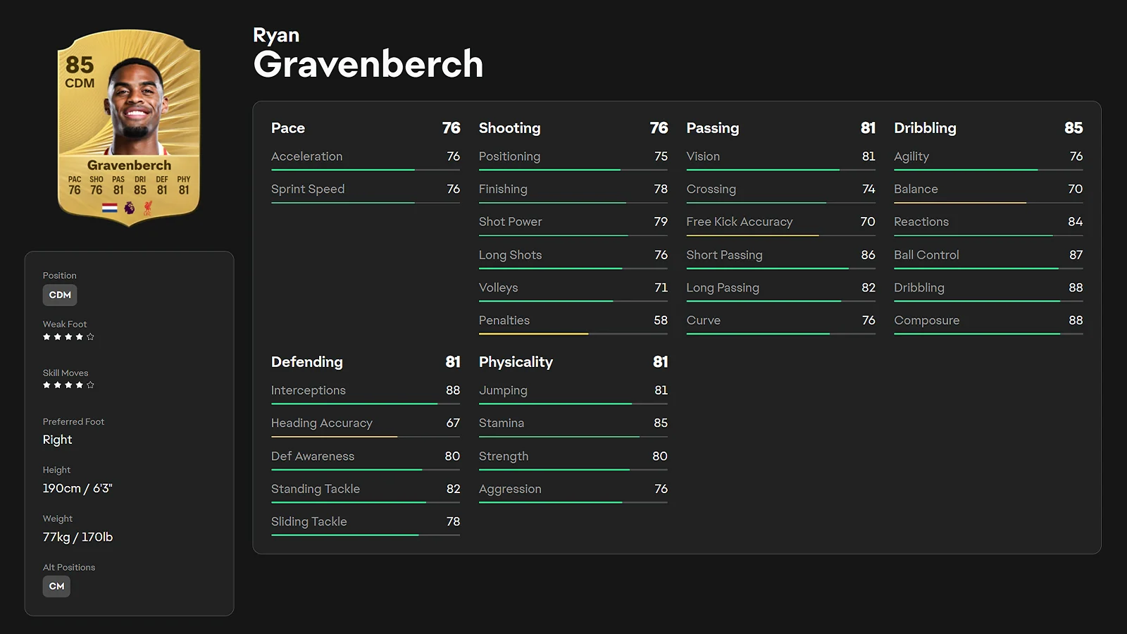Ryan Gravenberch 85 overall CDM player rating card in EA FC 26