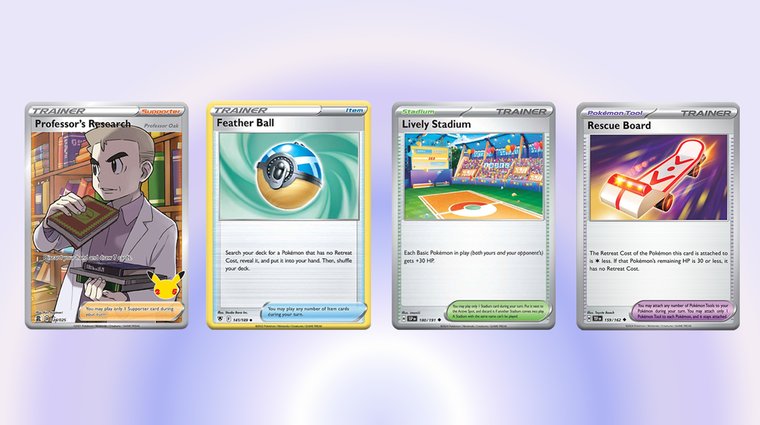 Four Trainer card types on a bright gradient background: Supporter, Item, Stadium, and Tool.