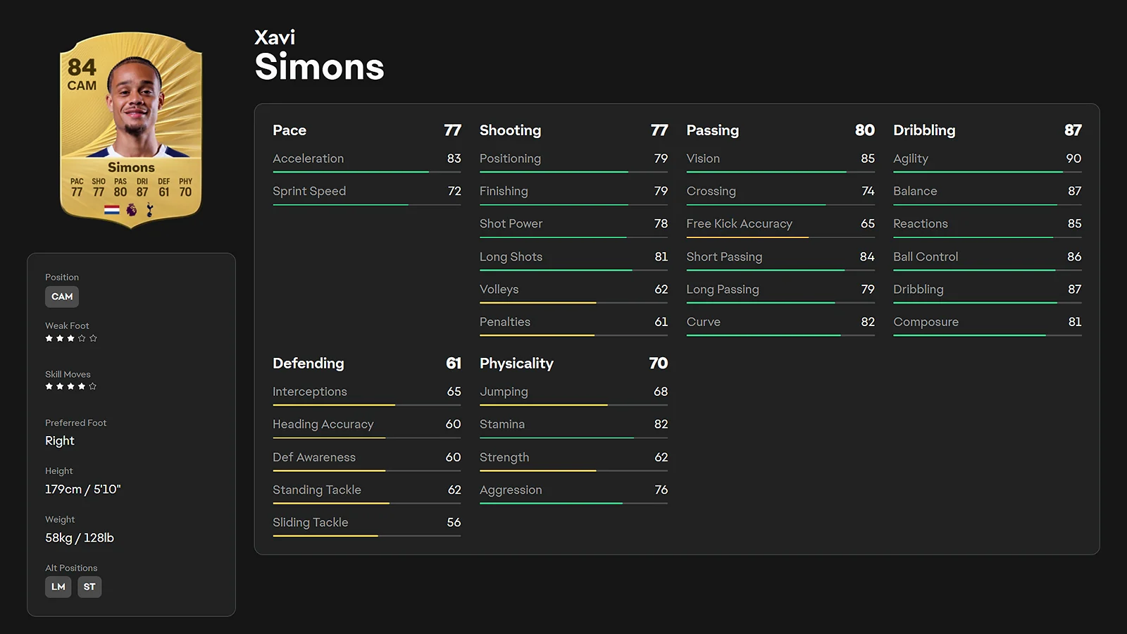 Xavi Simons 84 overall CAM player rating card in EA FC 26