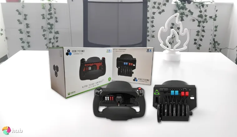 Honeycomb Alpha Yoke + Bravo Throttle Quadrant Flight Controls on a white office desk with simple styling for a review