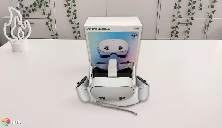 Meta Quest 3S 128GB VR Headset on a white office desk with an uncluttered background for a review