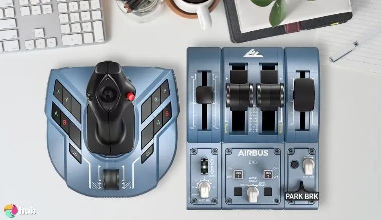 Thrustmaster TCA Officer Pack Airbus Edition on a white office desk styled for a review