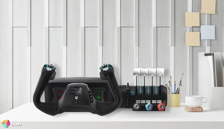 Turtle Beach VelocityOne Flight Simulator Control on a white office desk positioned for photography