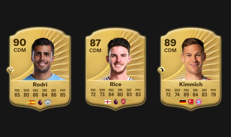 Portraits of best CDMs to buy in FC 26 Career Mode: Rodri, Declan Rice and Joshua Kimmich.