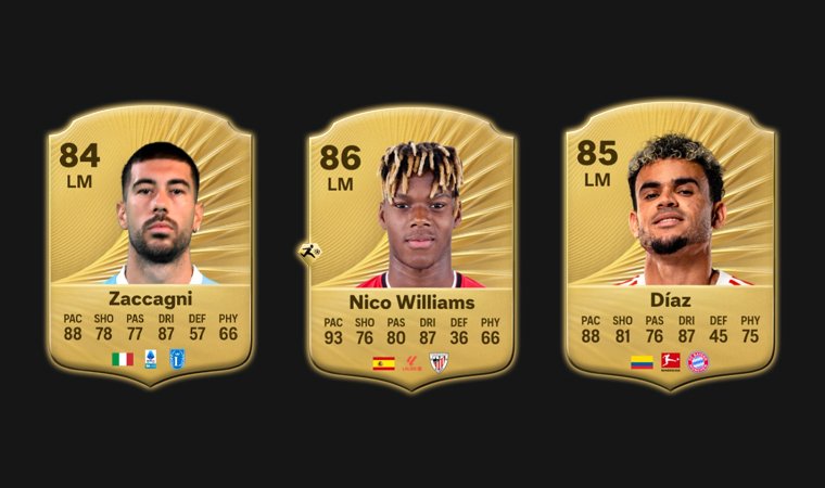 Portraits of the best left midfielders you can buy in FC 26 Career Mode: Zaccagni, Williams and Díaz.