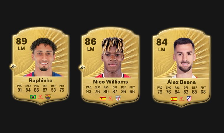 Portraits of the best midfielders for top-league teams: Raphinha, Williams and Baena.