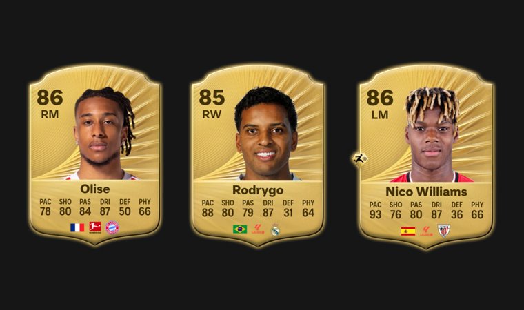 Portraits of the right midfielders for top league teams: Olise, Rodrygo and Williams.