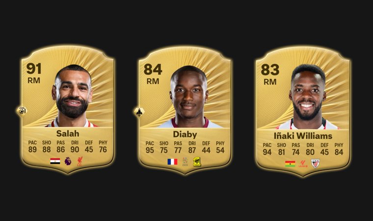 Portraits of the best right midfielders you can buy in FC 26 Career Mode: Salah, Diaby and Williams.